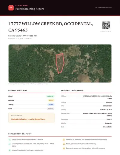 Sample Parcel Peak PDF export — page 1 of 4 for 17777 Willow Creek Rd, Occidental