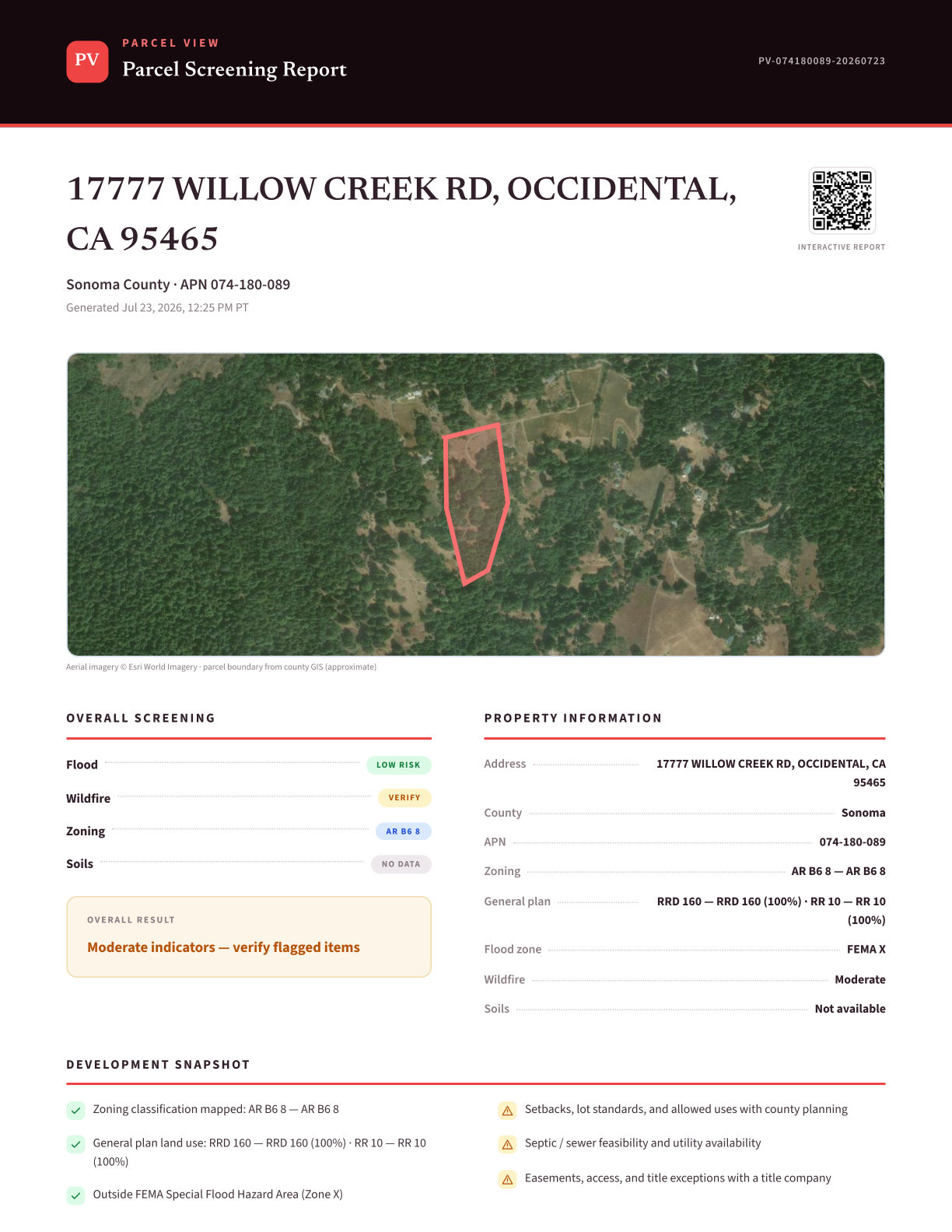 Sample Parcel Peak PDF export — page 1 of 4 for 17777 Willow Creek Rd, Occidental